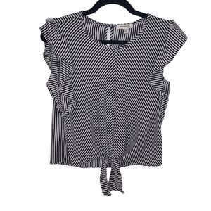 Monteau Black and White Stripped Ruffle Short Sleeve Tie Front Top Size M